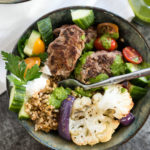 This Beef and Grain Kofta bowl takes Middle Eastern inspired meatballs and pairs them with a hearty flavorful grain and some veggies for a nutrition packed meal!