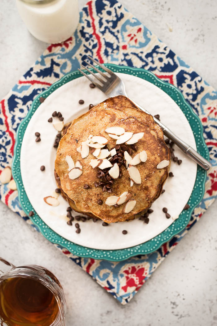 3 Ingredient Grain-Free Pancakes- high protein, dairy free, super simple to make. Top with your choice of toppings for a gluten-free, Paleo friendly breakfast! | 