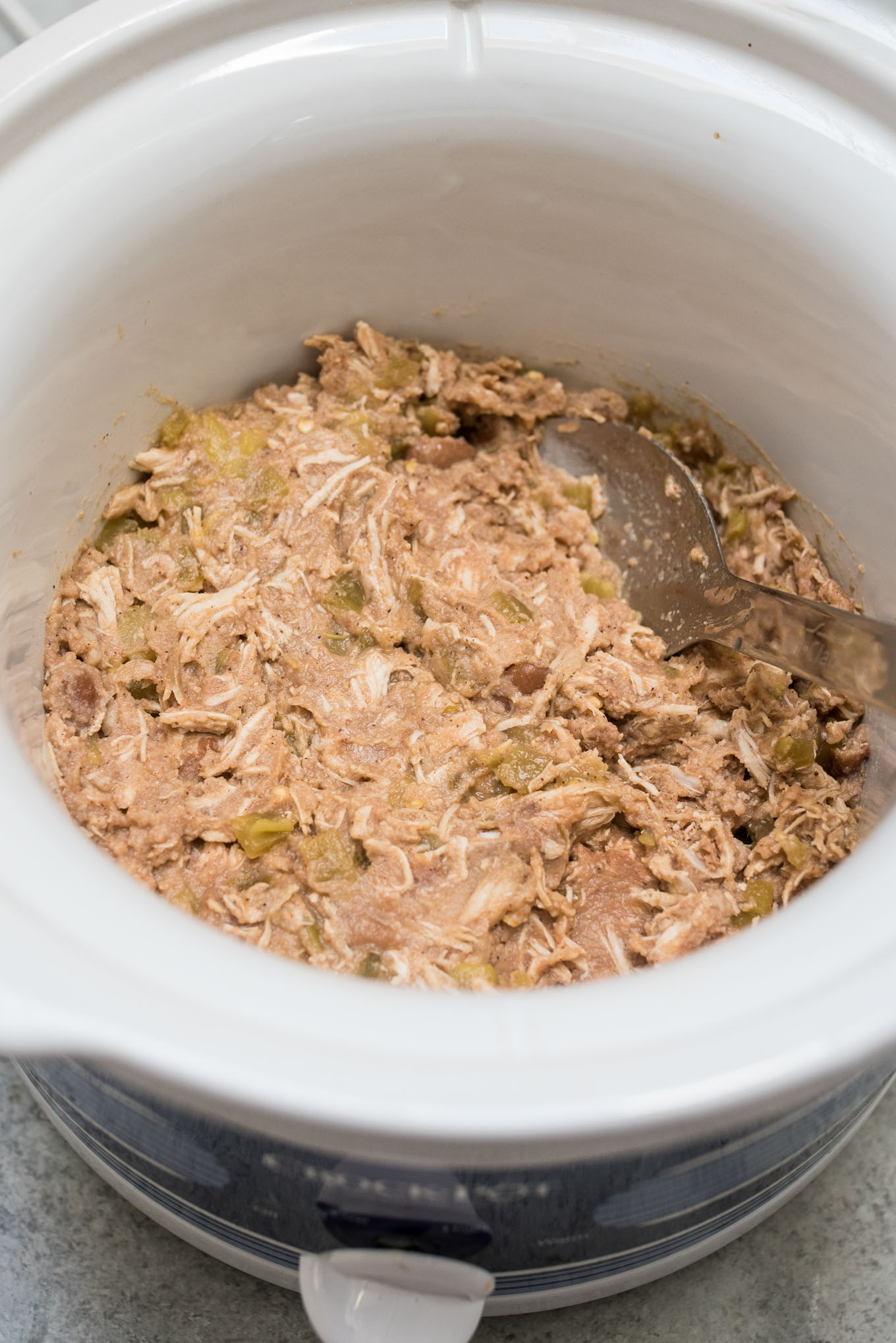 Slow cooker of shredded chicken 