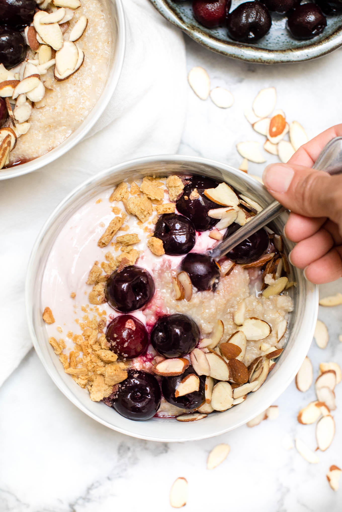 Cherry Almond Cheesecake Oat Bran Bowl is a tasty and quick fix breakfast that is high in protein and fiber, making you you feel fuller longer.