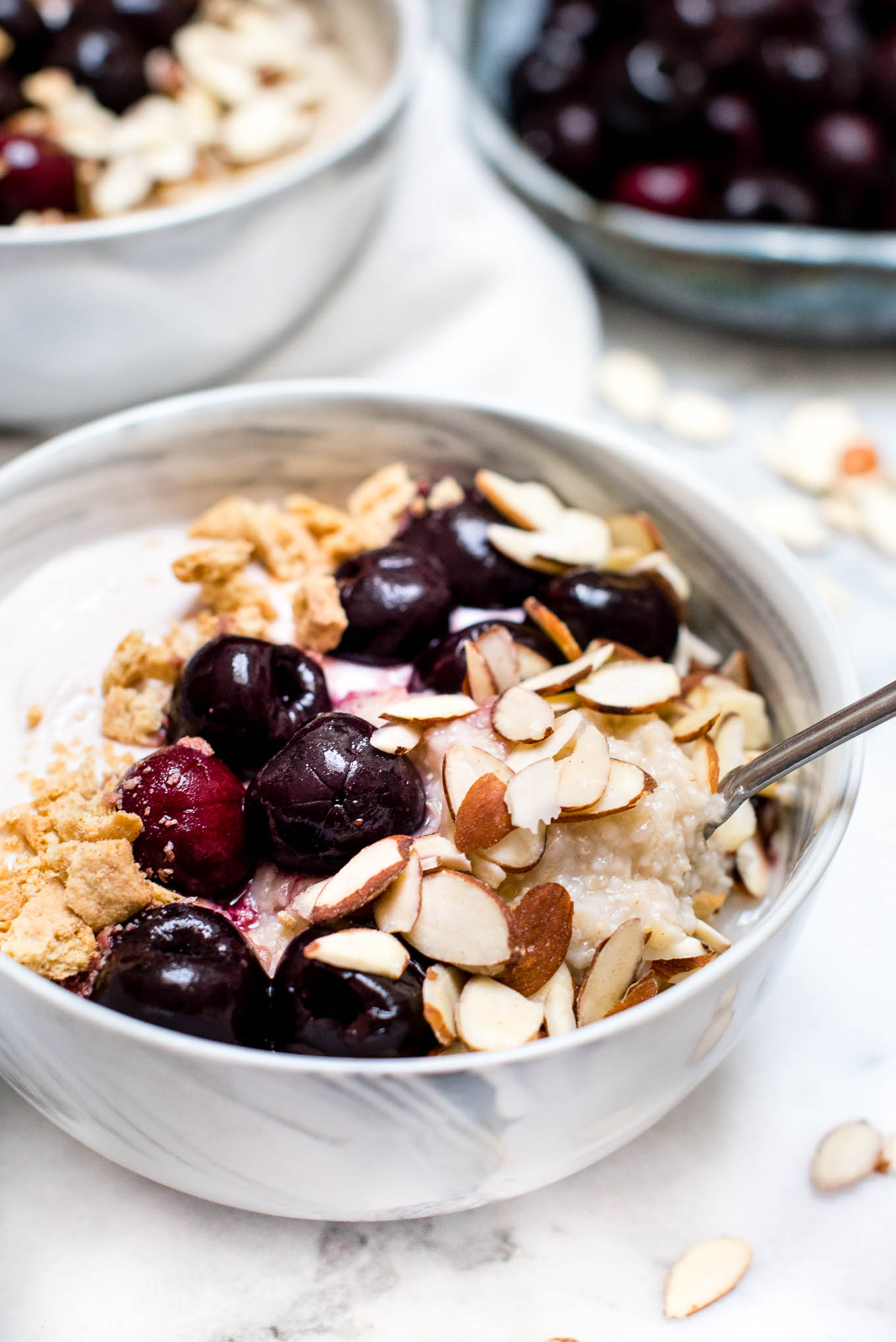 Cherry Almond Cheesecake Oat Bran Bowl is a tasty and quick fix breakfast that is high in protein and fiber, making you you feel fuller longer.