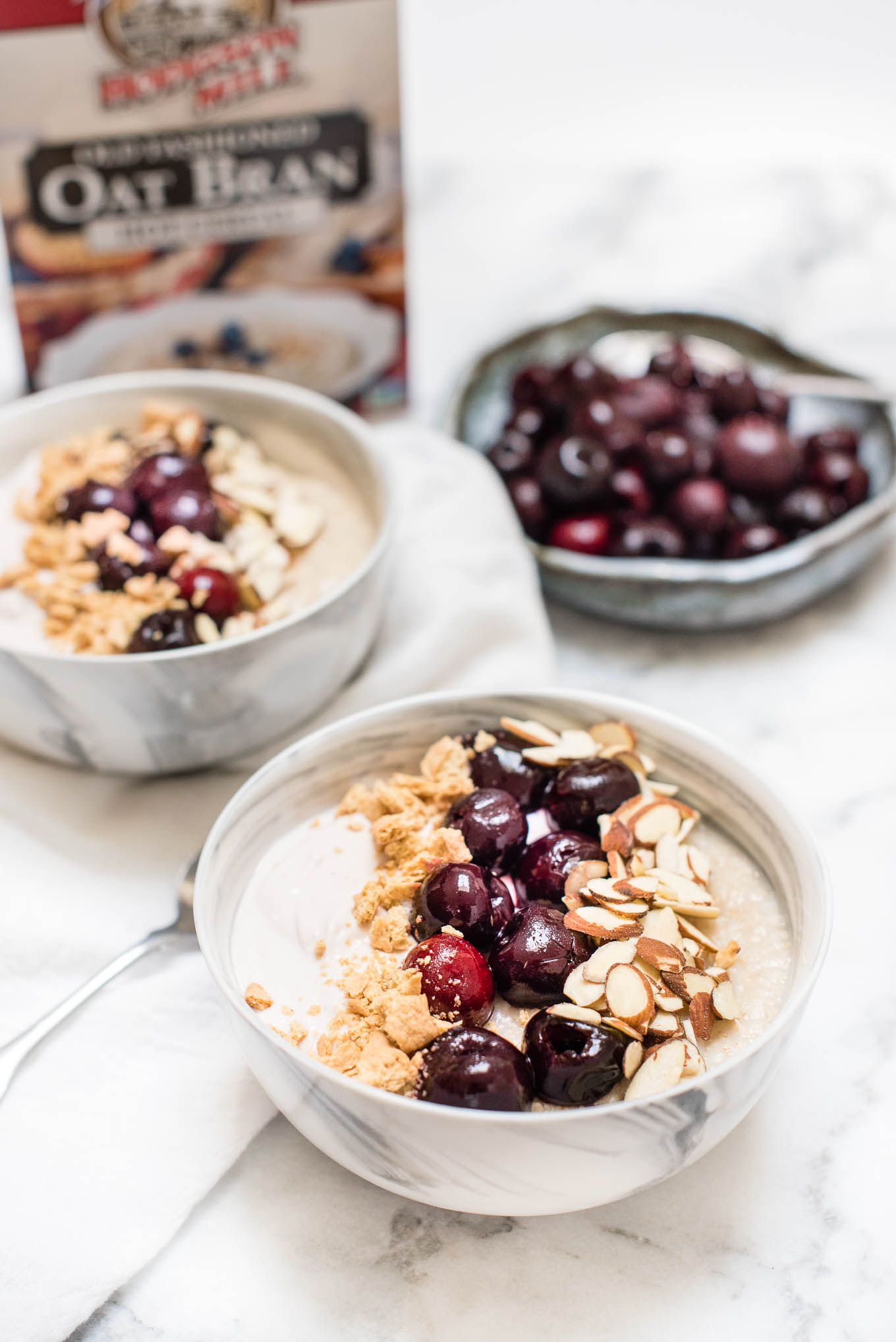 Cherry Almond Cheesecake Oat Bran Bowl is a tasty and quick fix breakfast that is high in protein and fiber, making you you feel fuller longer.