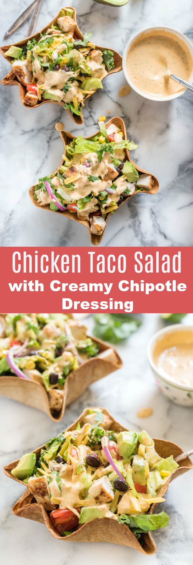 Chicken Taco Salad with Creamy Chipotle Dressing is delicious hearty salad, packed with flavor from the chicken, black beans, avocado and creamy spicy chipotle dressing.