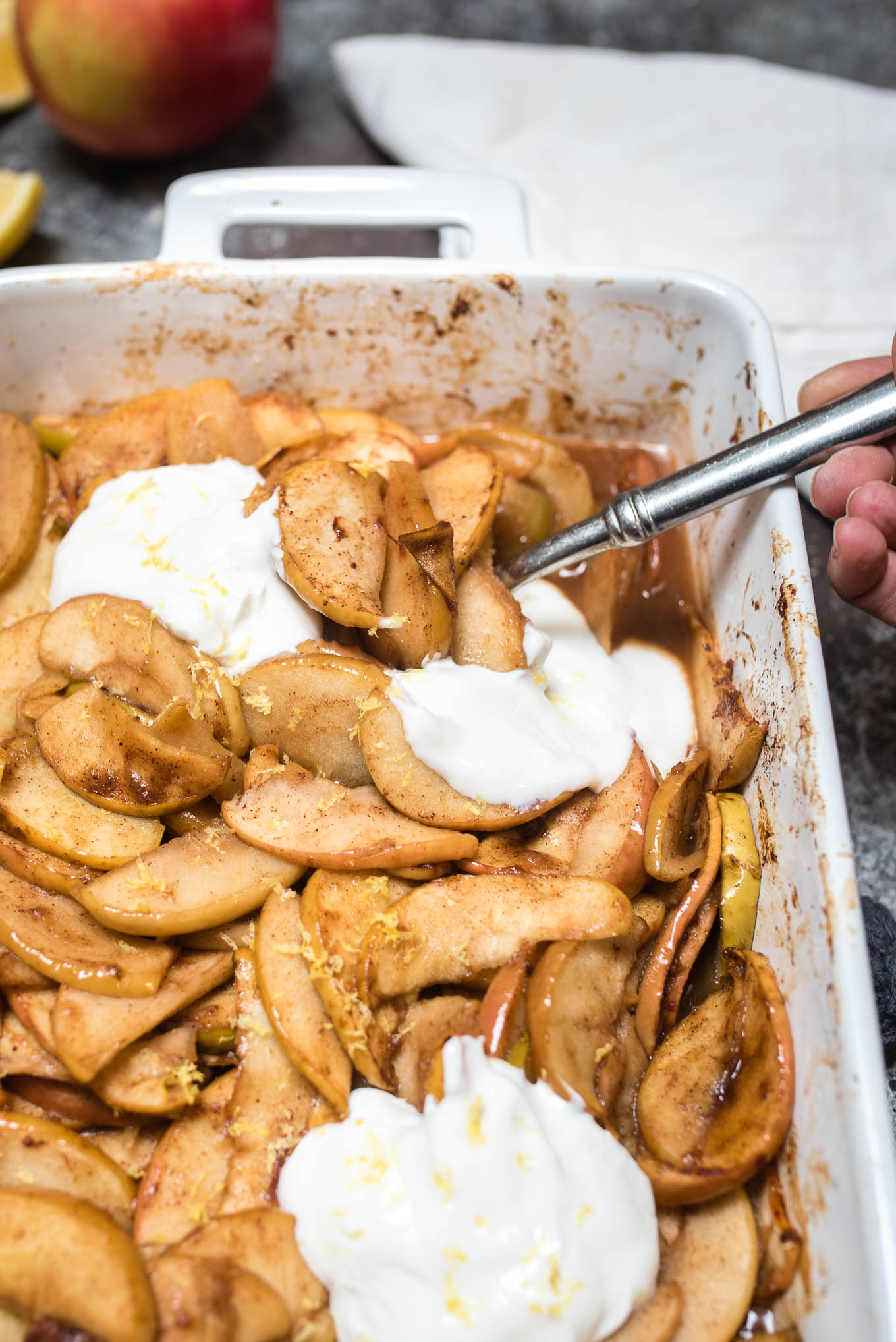 Cinnamon Baked Apples with Yogurt satisfies that apple pie sweet tooth while being a healthier option with fewer calories.