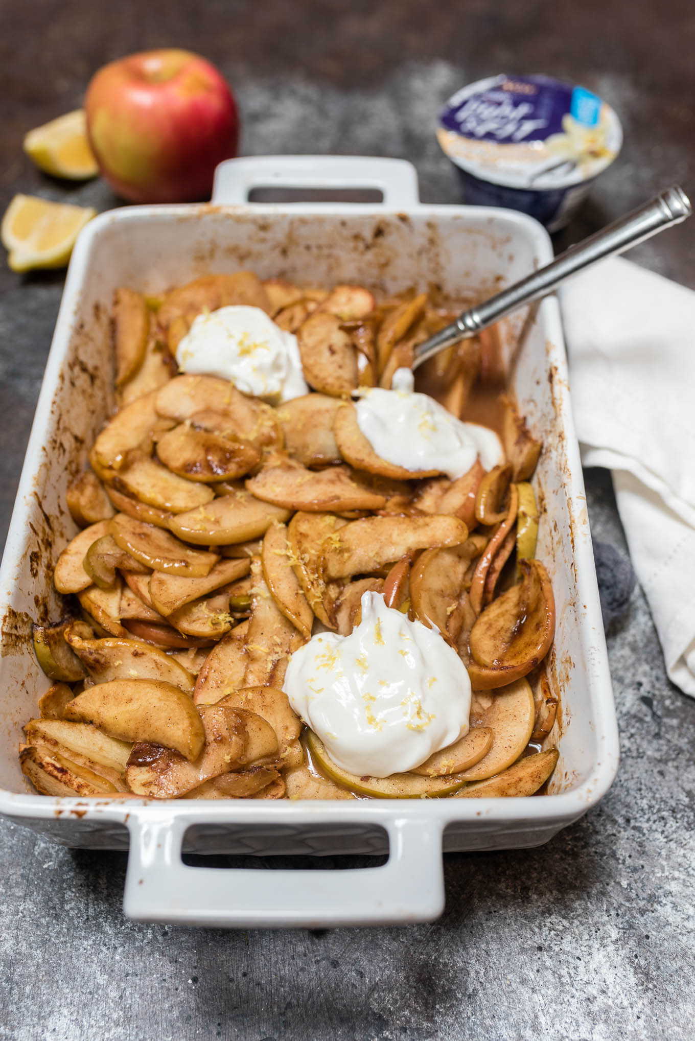 Cinnamon Baked Apples with Yogurt satisfies that apple pie sweet tooth while being a healthier option with fewer calories.