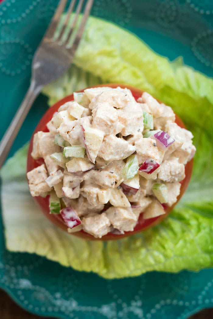 Cumin Chicken Salad Stuffed Tomatoes- delicious spiced chicken salad that can be enjoyed on bread, crackers or stuffed in an avocado, tomato or lettuce! #glutenfree | 