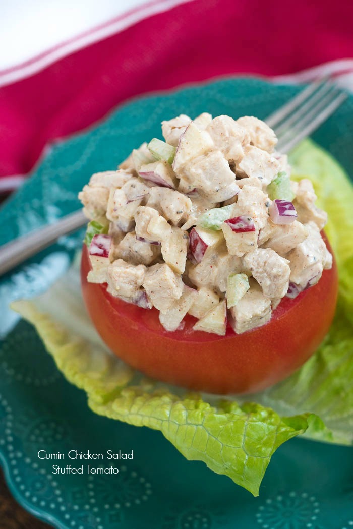 Cumin Chicken Salad Stuffed Tomatoes- delicious spiced chicken salad that can be enjoyed on bread, crackers or stuffed in an avocado, tomato or lettuce! #glutenfree | 