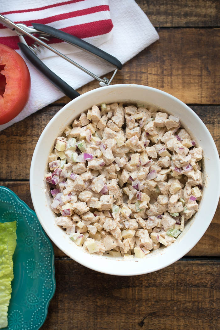 Cumin Chicken Salad Stuffed Tomatoes- delicious spiced chicken salad that can be enjoyed on bread, crackers or stuffed in an avocado, tomato or lettuce! #glutenfree | 