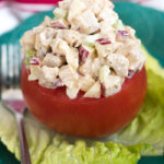 Cumin Chicken Salad Stuffed Tomatoes- delicious spiced chicken salad that can be enjoyed on bread, crackers or stuffed in an avocado, tomato or lettuce! #glutenfree | 