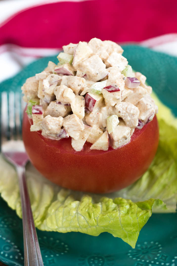 Cumin Chicken Salad Stuffed Tomatoes- delicious spiced chicken salad that can be enjoyed on bread, crackers or stuffed in an avocado, tomato or lettuce! #glutenfree | 