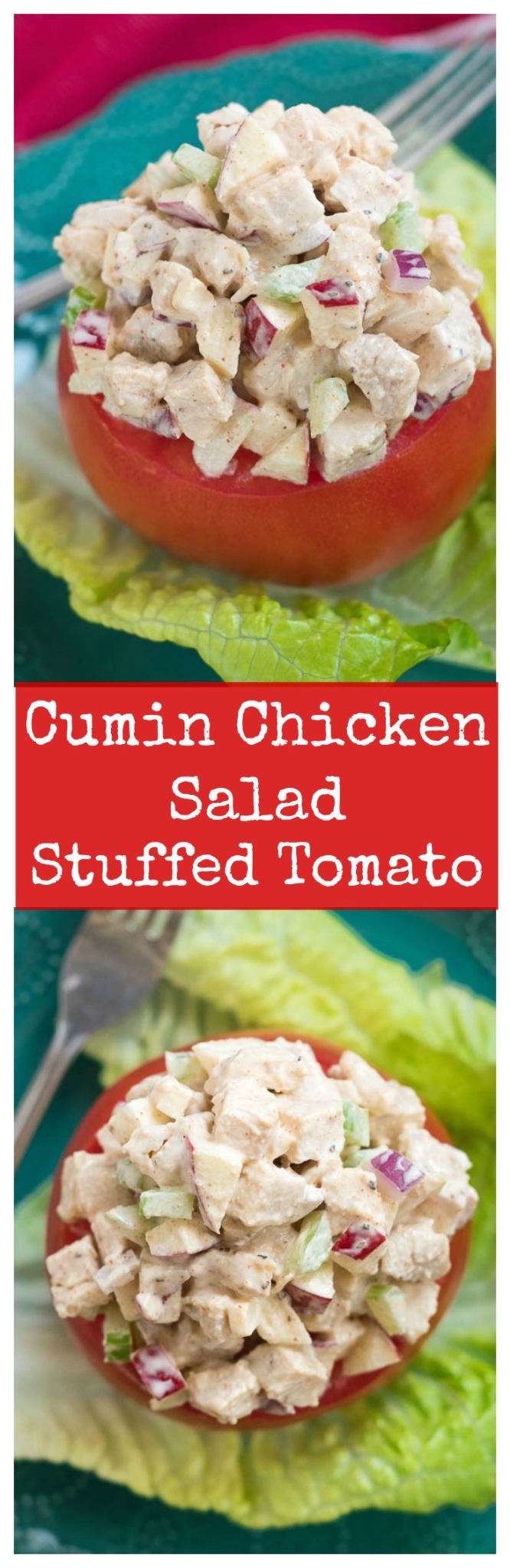 Cumin Chicken Salad Stuffed Tomatoes- delicious spiced chicken salad that can be enjoyed on bread, crackers or stuffed in an avocado, tomato or lettuce! #glutenfree | 