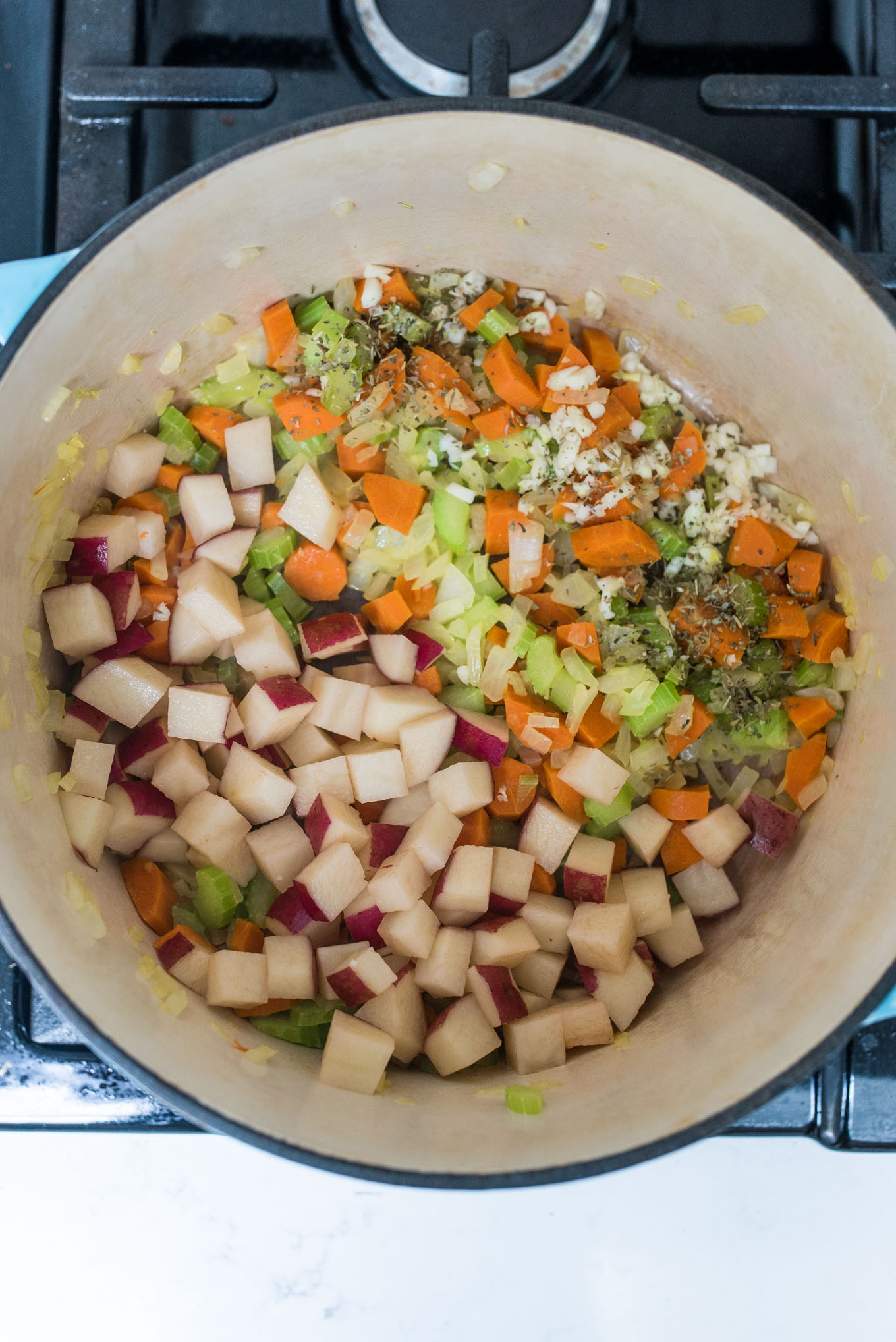 Soup pot with carrots, onions, celery, potatoes and spices