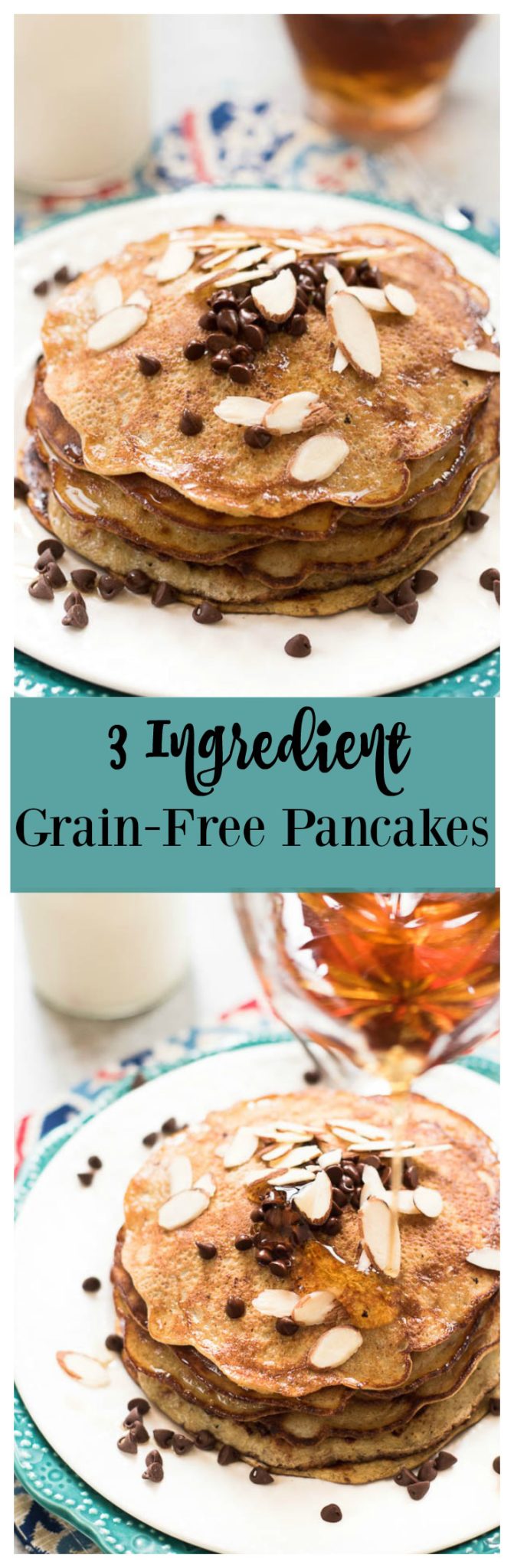 3 Ingredient Grain-Free Pancakes- high protein, dairy free, super simple to make. Top with your choice of toppings for a gluten-free, Paleo friendly breakfast! | 