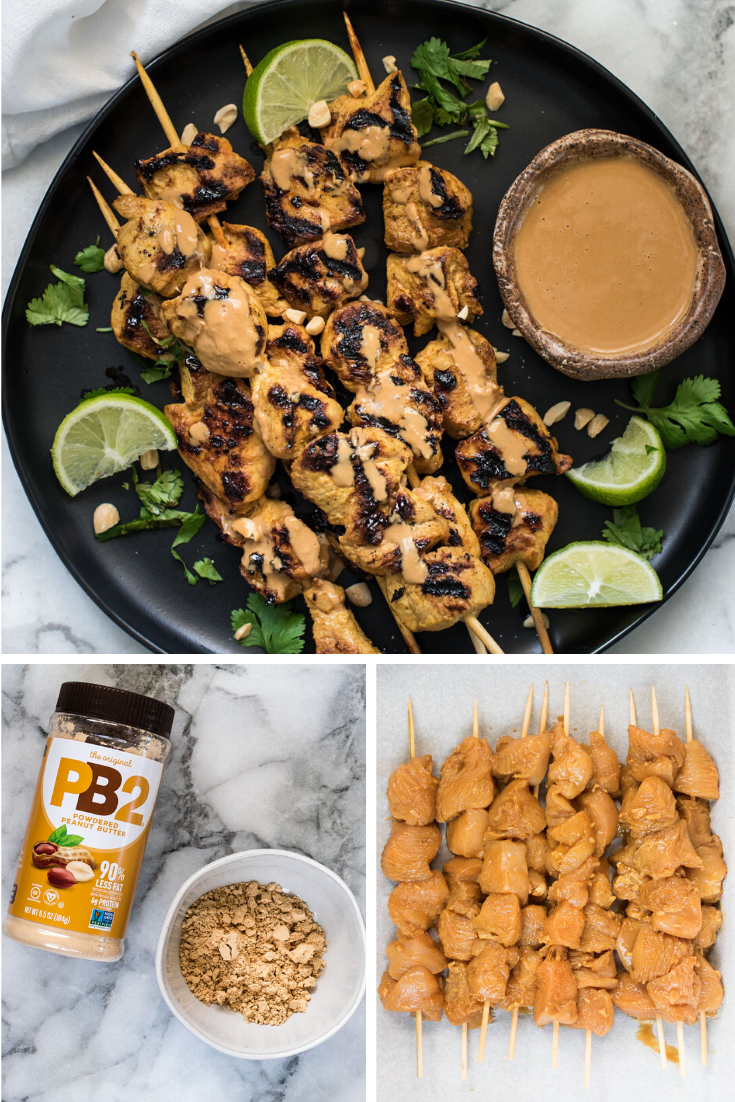 Collage of Chicken Satay, Raw chicken on skewers, PB2 peanut butter powder