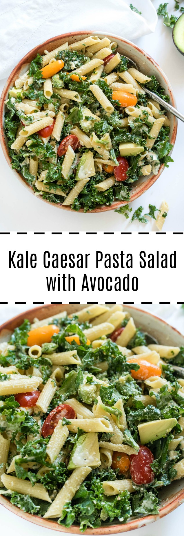 Kale Caesar Pasta Salad is a great vegetarian pasta salad packed with kale, avocado and a simple homemade Caesar dressing.