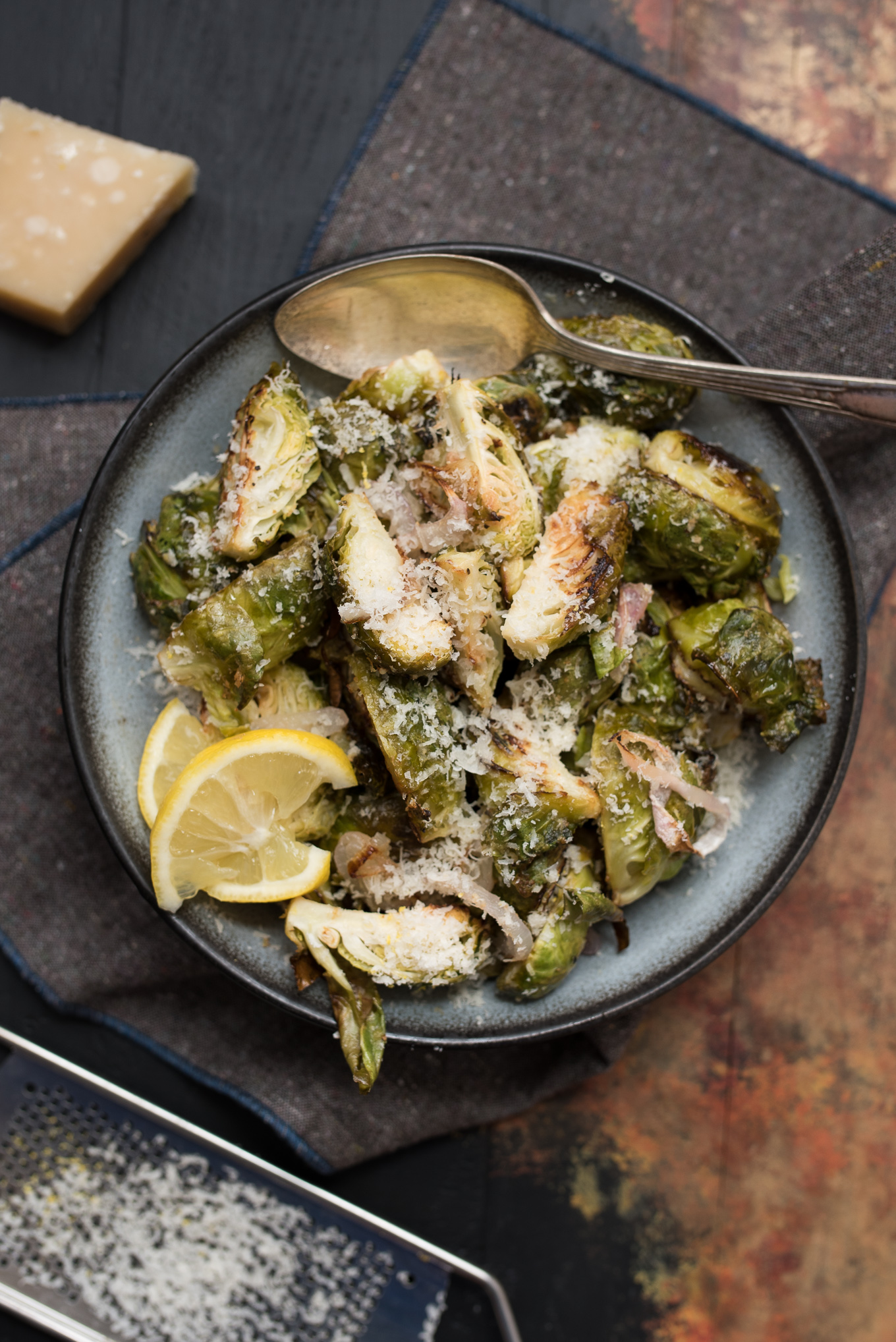 Parmesan Lemon Brussels Sprouts with Shallots are a gluten-free, low calorie, healthy side that work well with a variety of main dishes. 