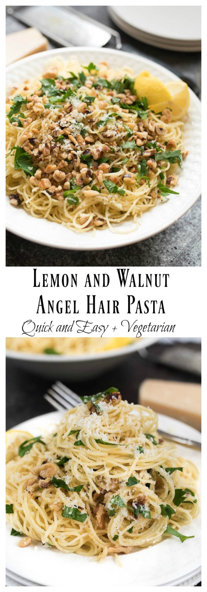 Lemon and Walnut Angel Hair Pasta- ready in less than 15 minutes + vegetarian. A simple weeknight side! | 