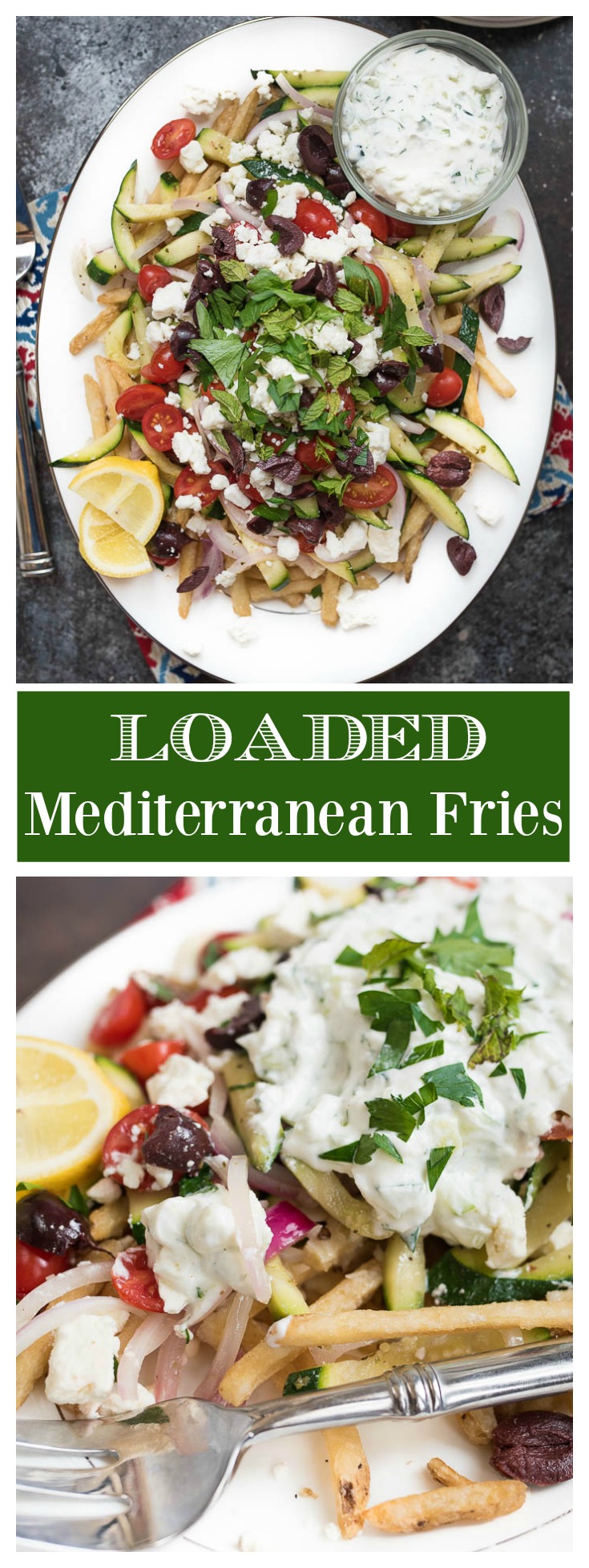 Loaded Mediterranean Fries- the only side you'll need. Truffle fries loaded with Mediterranean veggies, herbs and tzatziki sauce! #glutenfree | 