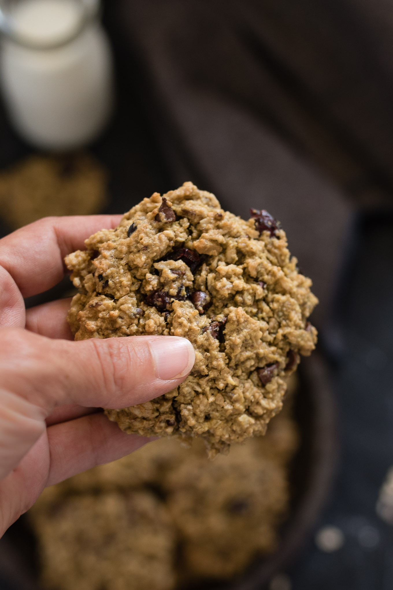 Lunch Box Cookies are both nutritious and delicious- a hearty soft cookie packed with oats, chocolate chips, cranberries, cocoa nibs and reduced amounts of sugar and oil.