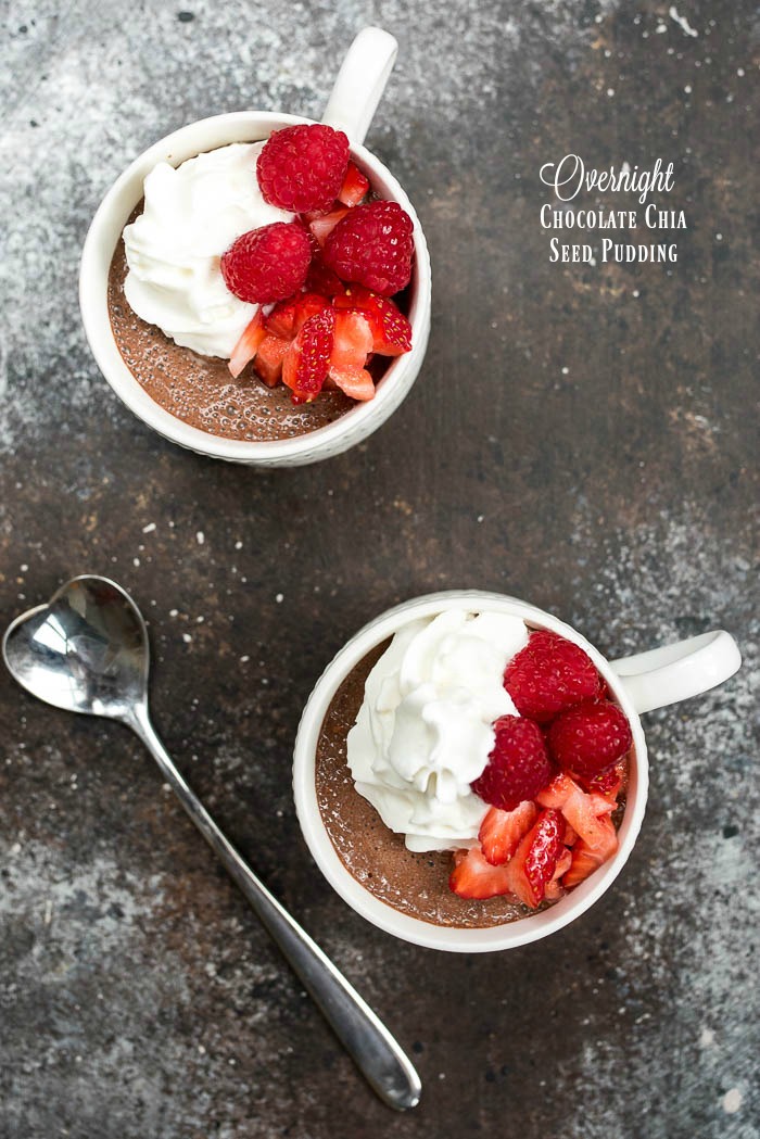 Overnight Chocolate Chia Seed Pudding- 4 simple ingredients and you have this yummy high fiber, high protein, vegan, gluten free breakfast or snack prepped in a few minutes the night before! | 