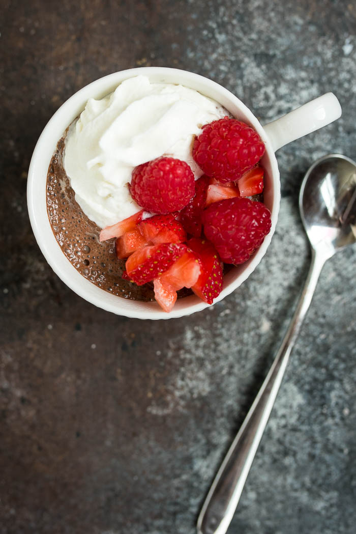 Overnight Chocolate Chia Seed Pudding- 4 simple ingredients and you have this yummy high fiber, high protein, vegan, gluten free breakfast or snack prepped in a few minutes the night before! | 