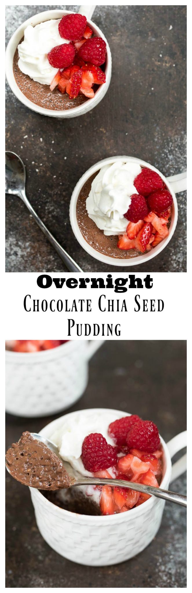 Overnight Chocolate Chia Seed Pudding- 4 simple ingredients and you have this yummy high fiber, high protein, vegan, gluten free breakfast or snack prepped in a few minutes the night before! | 