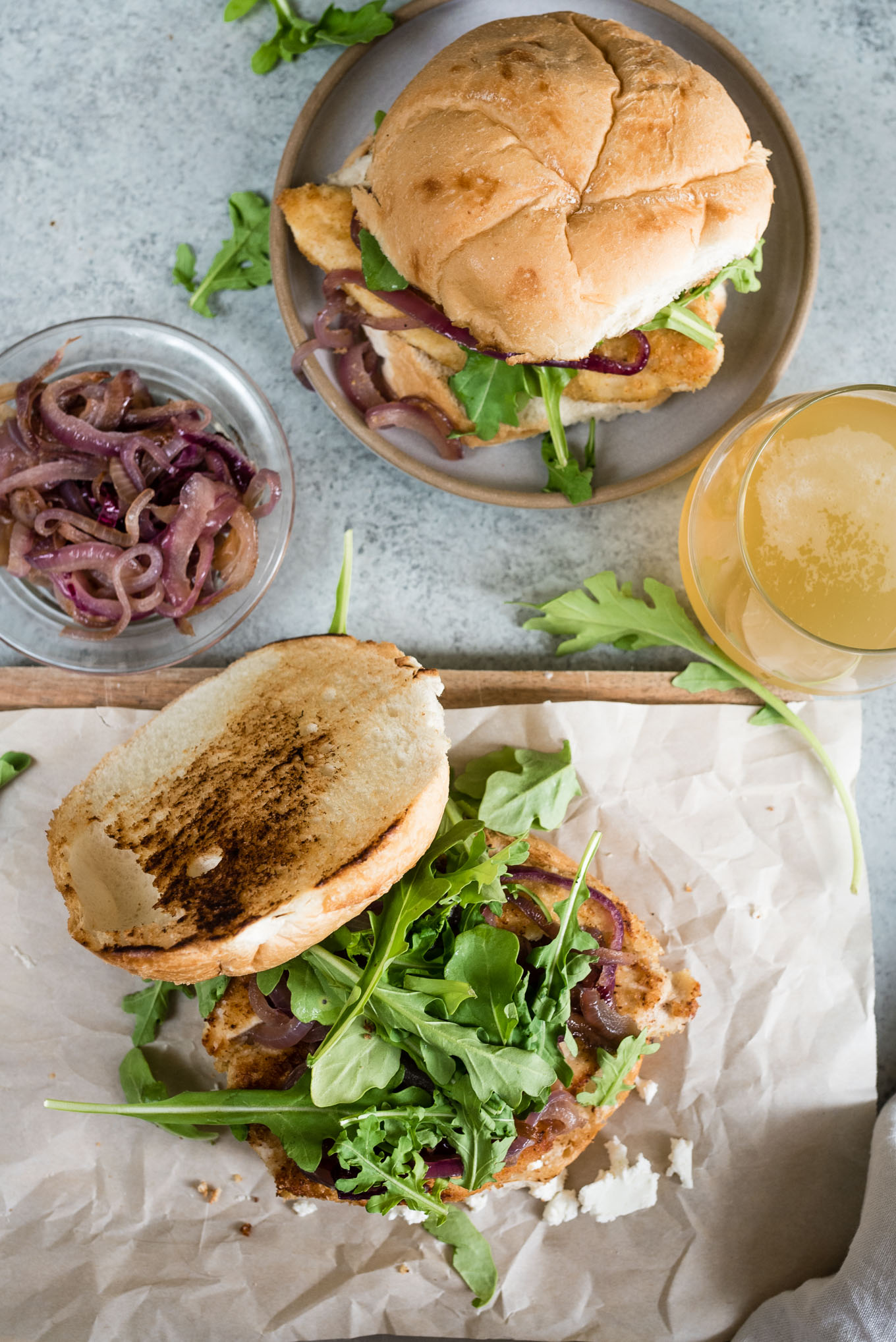 Panko crusted chicken sandwich with arugula 