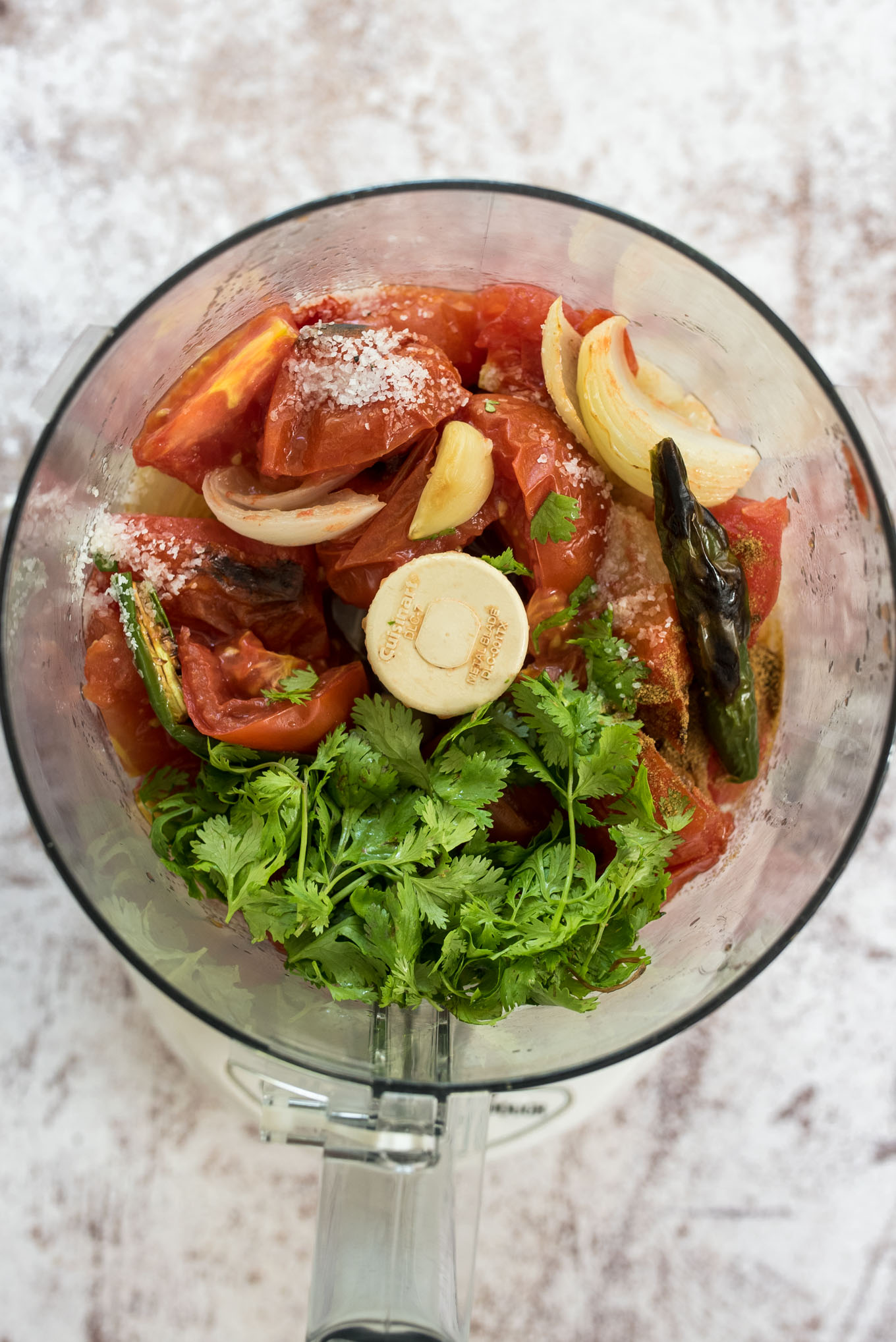 Food processor with tomatoes, onion and cilantro