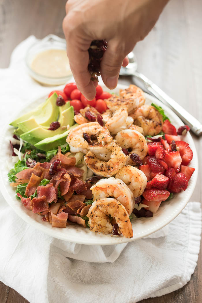 Chili Shrimp and Strawberry Salad with Honey Dijon Dressing- this simple, yet hearty salad is ready in under 15 minutes! #glutenfree #ad