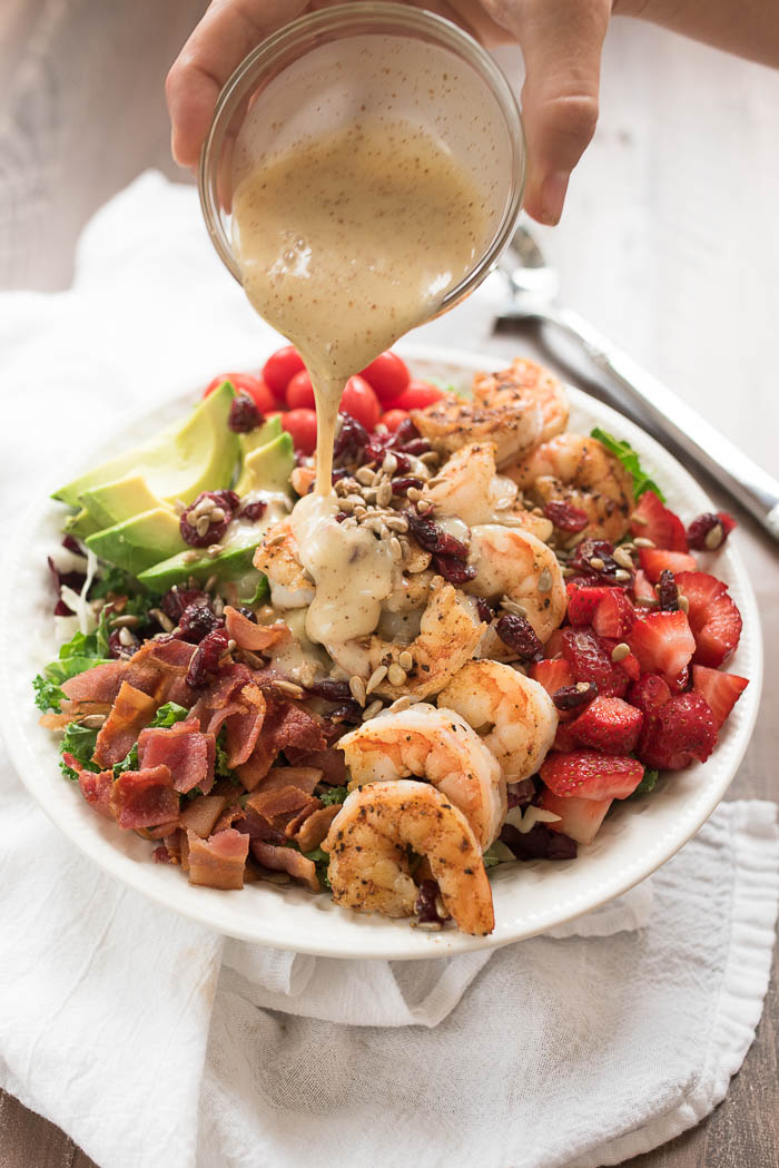 Chili Shrimp and Strawberry Salad with Honey Dijon Dressing- this simple, yet hearty salad is ready in under 15 minutes! #glutenfree #ad