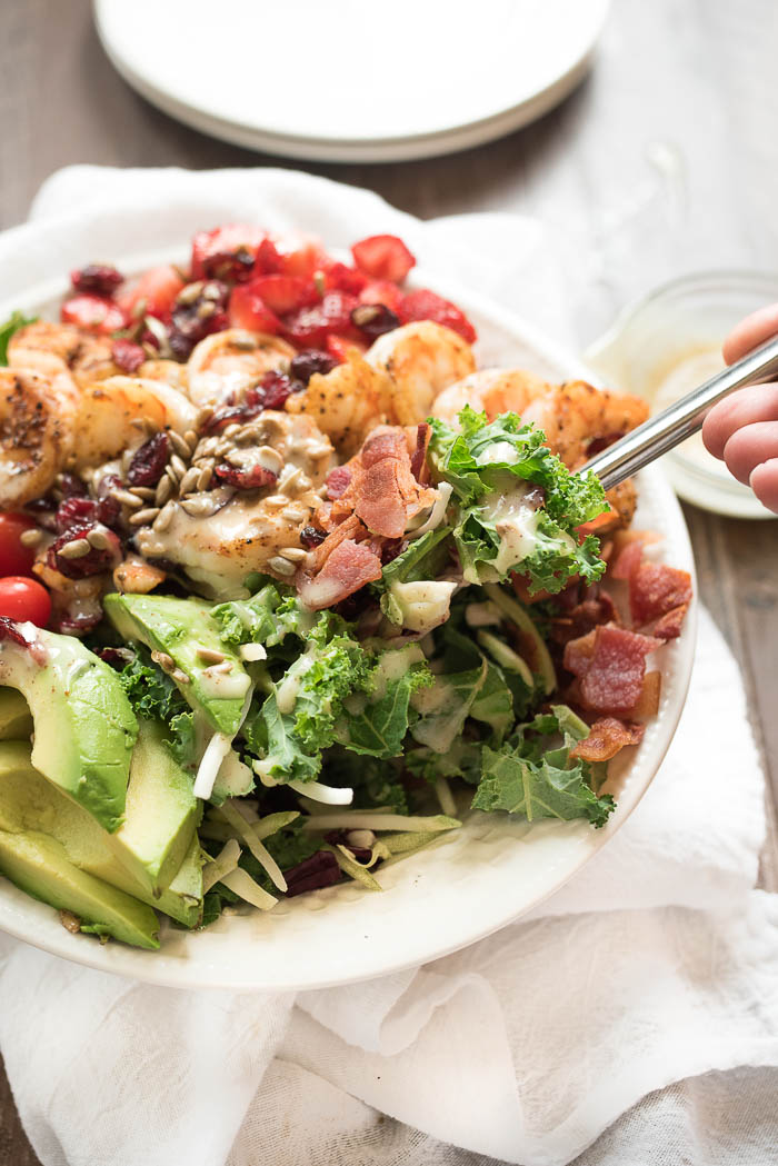 Chili Shrimp and Strawberry Salad with Honey Dijon Dressing- this simple, yet hearty salad is ready in under 15 minutes! #glutenfree #ad