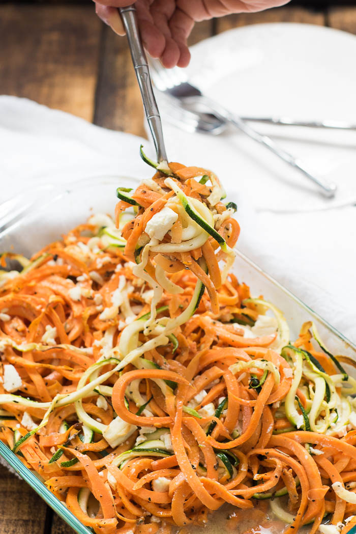 Coconut Spiralized Sweet Potato and Zucchini Bake with Goat Cheese- simple to prepare and great to pair with any protein #glutenfree and #Paleo friendly | 