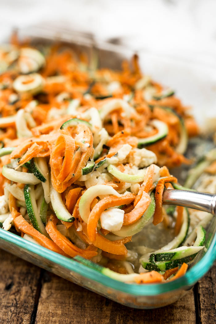 Coconut Spiralized Sweet Potato and Zucchini Bake with Goat Cheese- simple to prepare and great to pair with any protein #glutenfree and #Paleo friendly | 