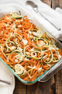 Spiralized Sweet Potato and Zucchini Bake with Goat Cheese {Paleo Friendly}