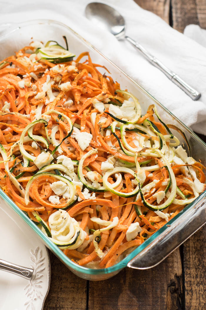 Coconut Spiralized Sweet Potato and Zucchini Bake with Goat Cheese- simple to prepare and great to pair with any protein #glutenfree and #Paleo friendly | 