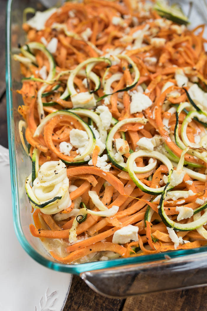 Coconut Spiralized Sweet Potato and Zucchini Bake with Goat Cheese- simple to prepare and great to pair with any protein #glutenfree and #Paleo friendly | 