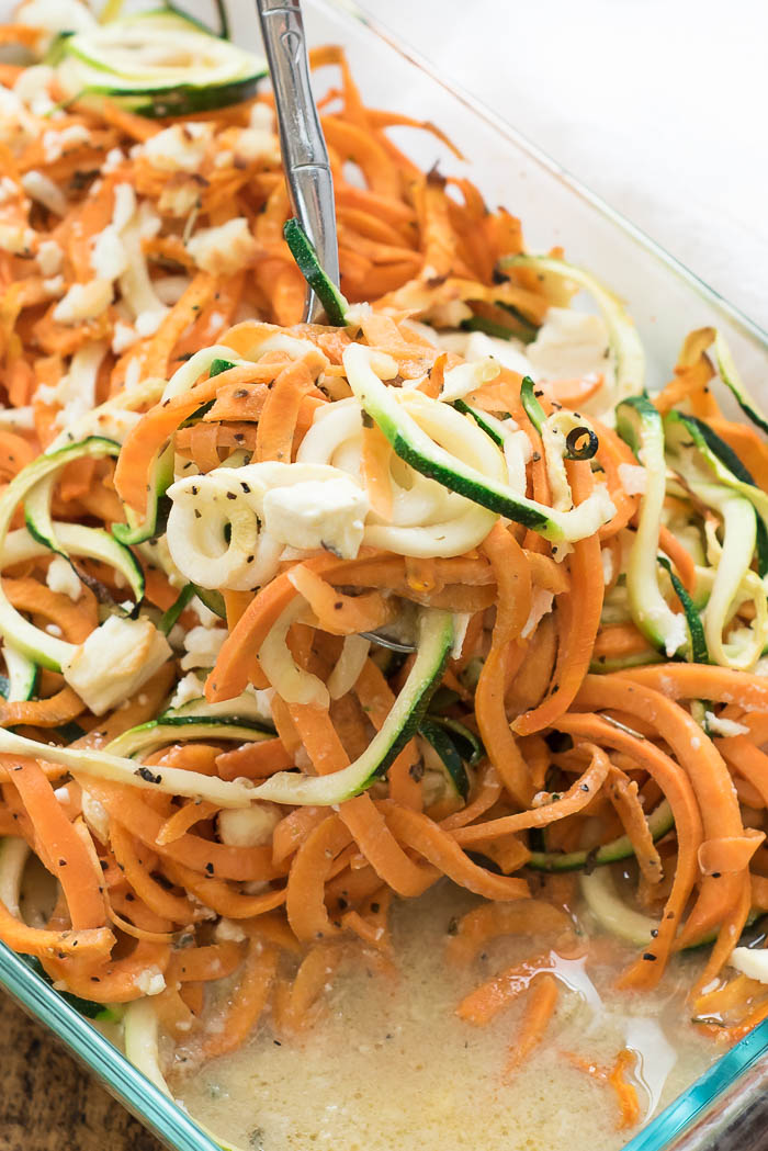 Coconut Spiralized Sweet Potato and Zucchini Bake with Goat Cheese- simple to prepare and great to pair with any protein #glutenfree and #Paleo friendly | 