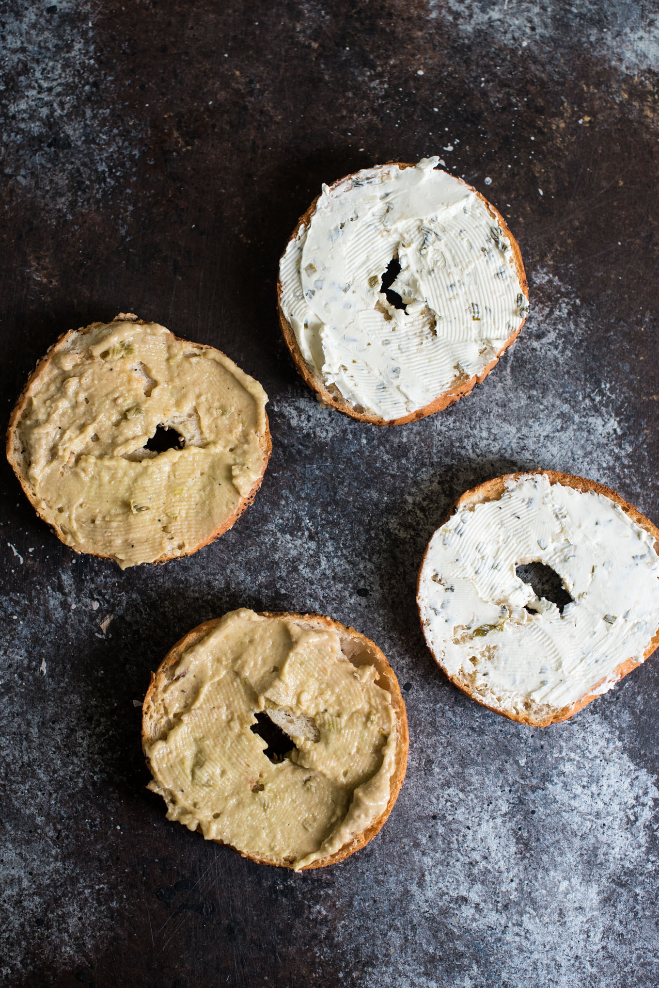 Bagels with hummus and cream cheese