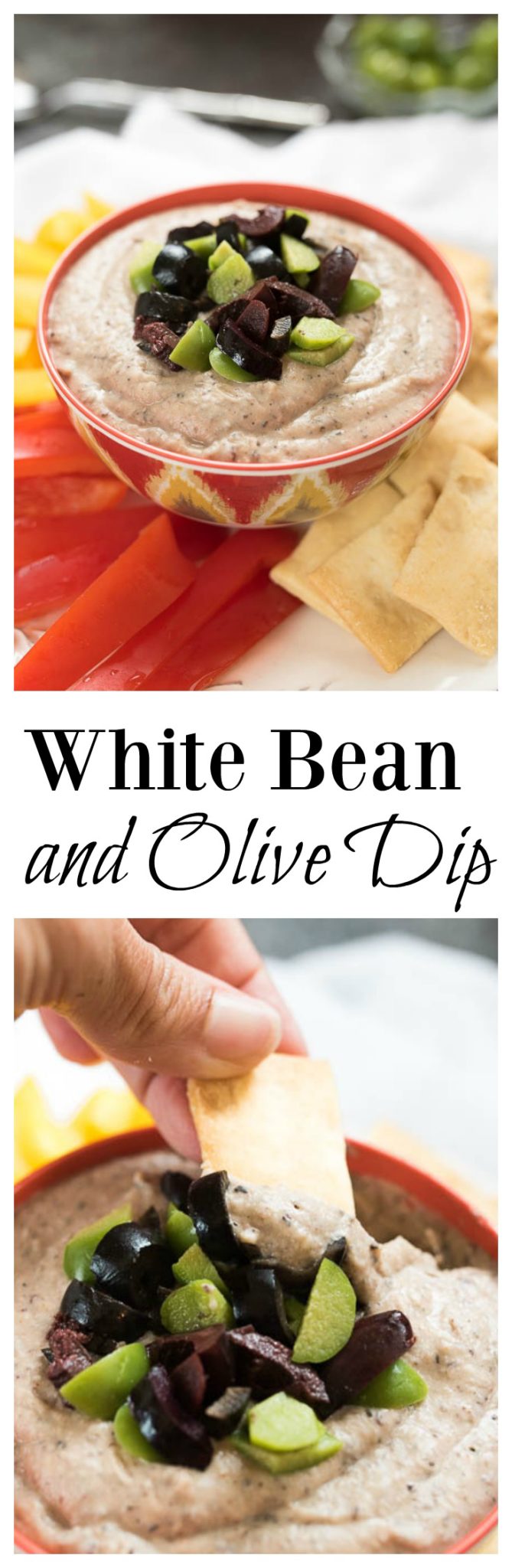 White Bean and Olive DIp- use this as a Veggie sandwich spread or a dip for crackers. Super easy to make with basic pantry ingredients. 